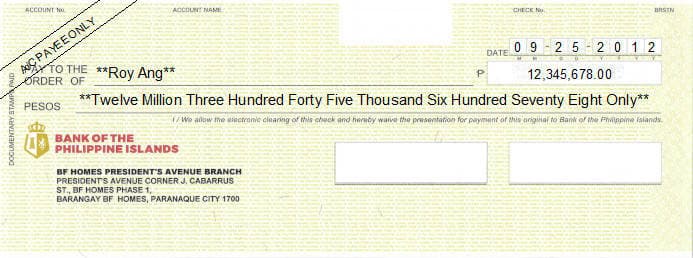 BPI cheque sample